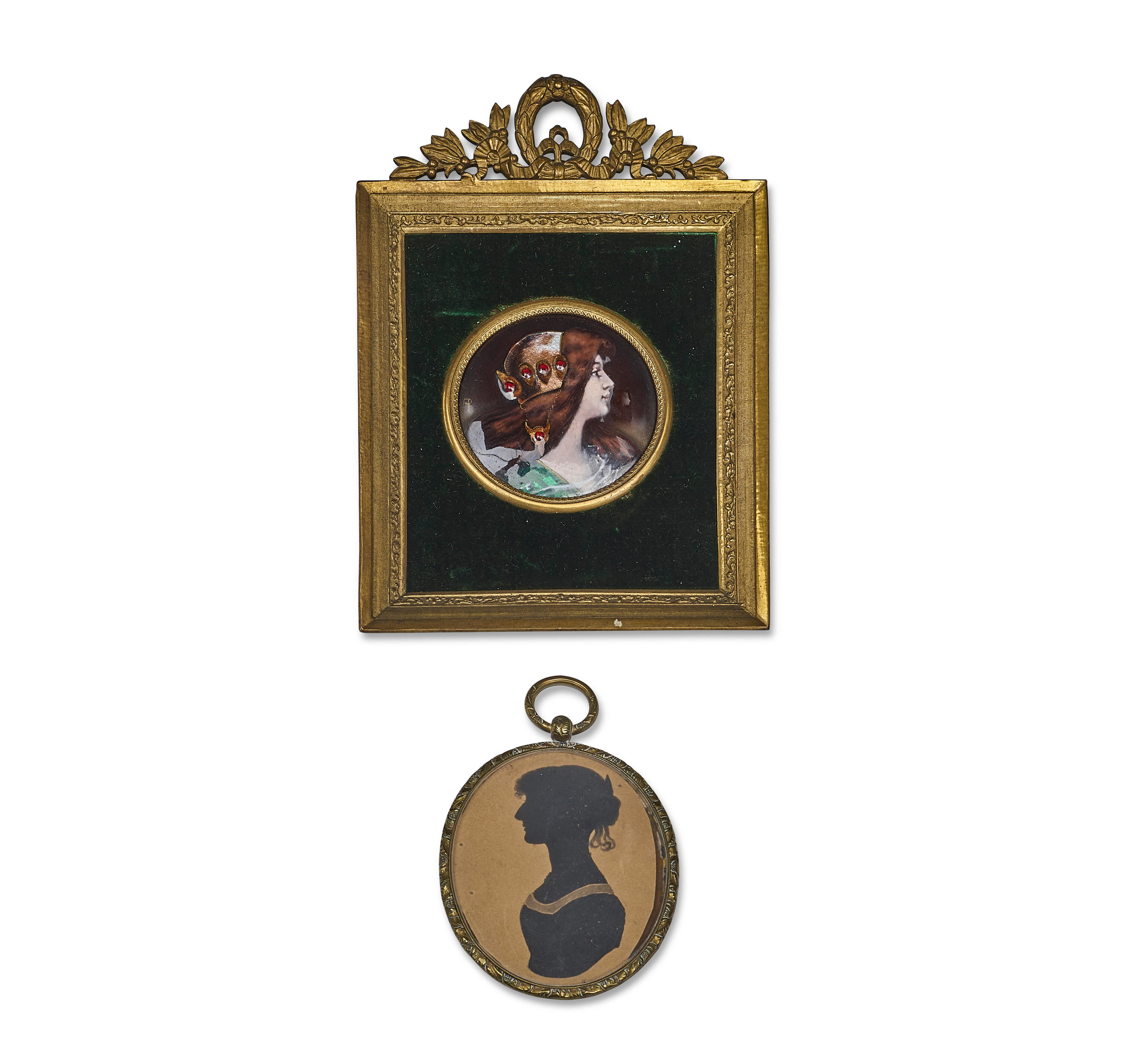 Appraisal: AN AUSTRIAN JEWELED ENAMEL ON COPPER MINIATURE PORTRAIT AND A