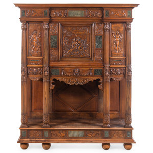 Appraisal: A French Renaissance Revival Carved Walnut and Marble-Inset Court Cupboard