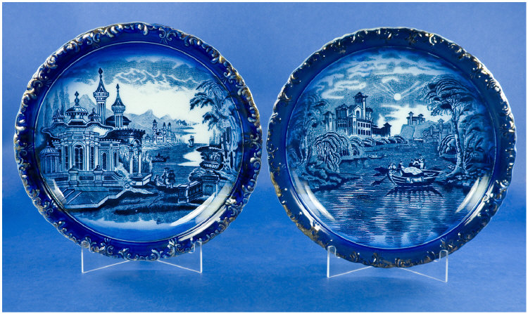 Appraisal: Pair of James Kent Flow Blue Plaques with Scenes of