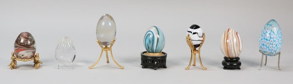 Appraisal: GLASS EGGS INCLUDING BACCARAT MILLEFIORIAll glass eggs are on stands