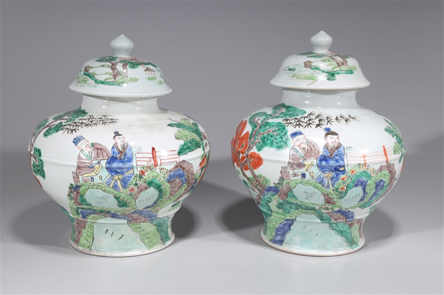 Appraisal: Pair of Chinese famille verte enameled porcelain covered vases figural