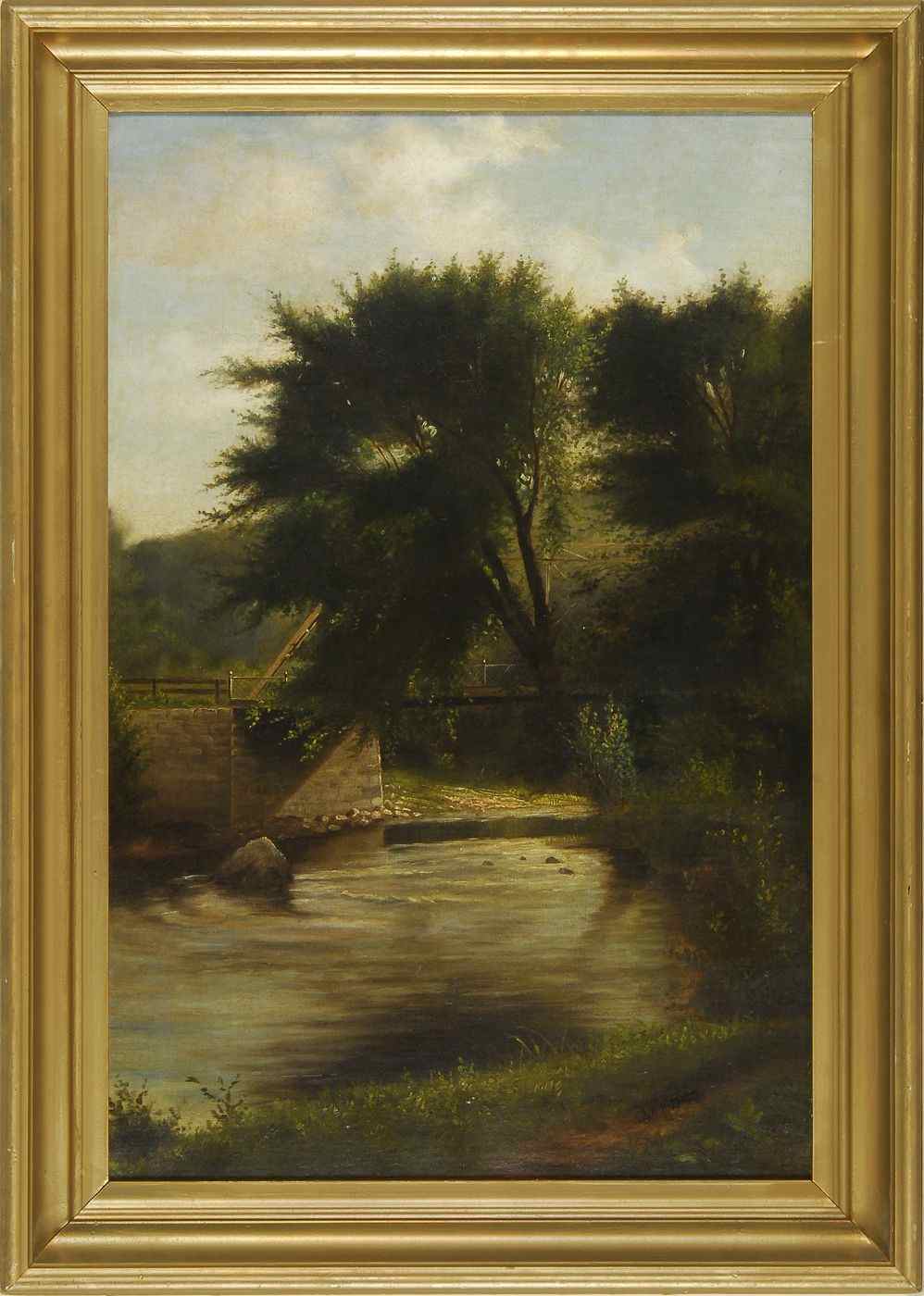 Appraisal: FRAMED PAINTINGDepicting a bridge over a brook Signed lower right