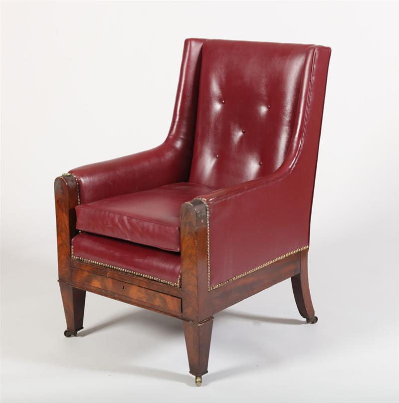 Appraisal: CLASSICAL MAHOGANY LIBRARY ARMCHAIR NEW YORK Lacking writing arm the