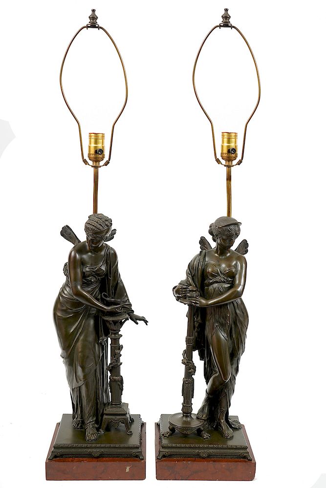 Appraisal: Pair French Empire Bronze Lamps Pair of patinated bronze French