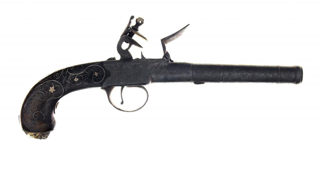 Appraisal: A FLINTLOCK TRAVELLING PISTOL with cm turn-off cannon barrel and