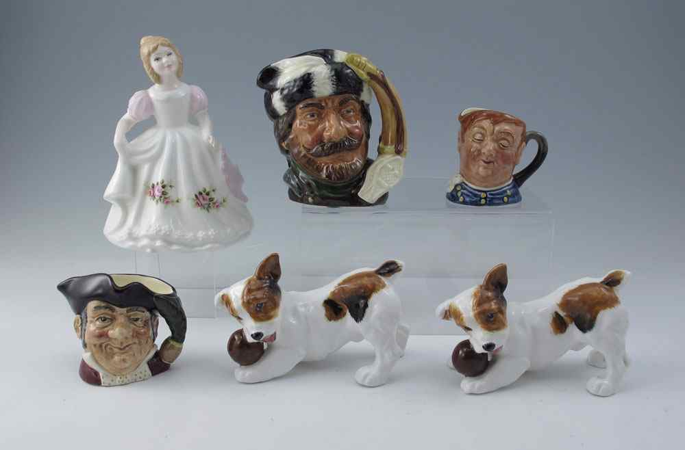 Appraisal: ROYAL DOULTON FIGURINES AND JUGS To include The Trapper D