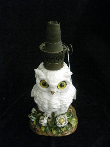 Appraisal: English Victorian Figural Owl Porcelain Oil Lamp glass eyes some