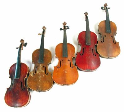 Appraisal: Five full size violins in cm l