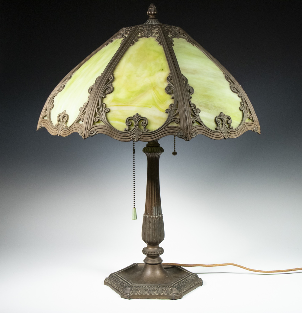 Appraisal: GREEN SLAG GLASS TABLE LAMP Circa American Arts Crafts Cast