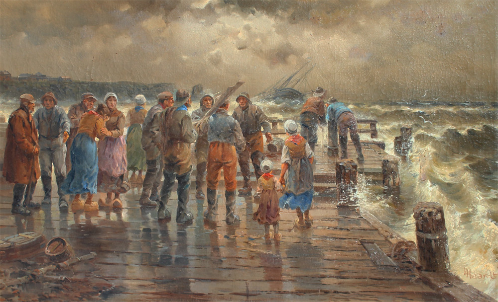 Appraisal: DUTCH MARITIME PAINTING SIGNED HAARDT Onlookers Anxiously Await the Return