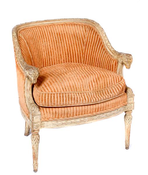 Appraisal: A Louis XVI style bergere with rams head detail height