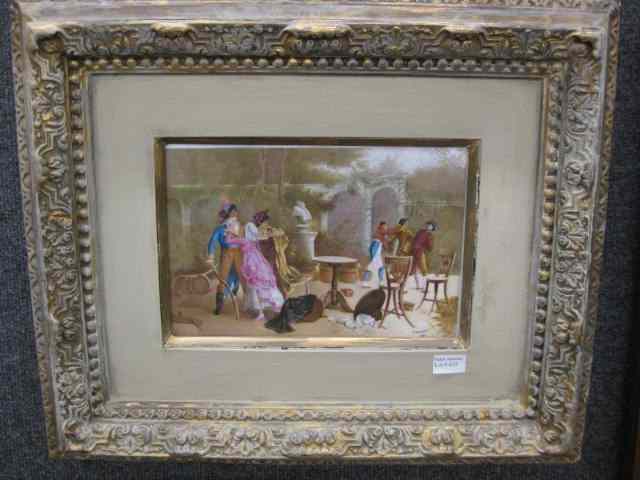 Appraisal: Painting on Porcelain Plaque garden scene of two men having