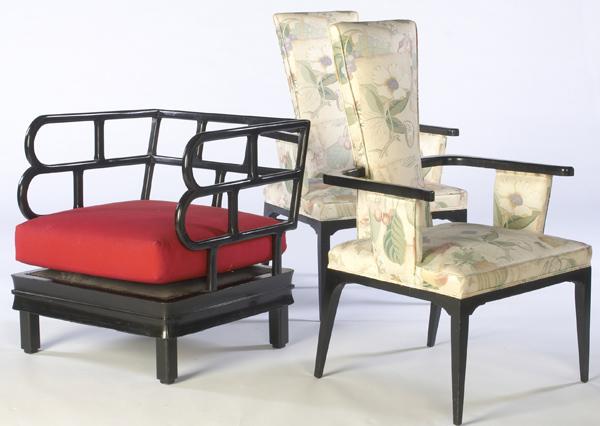 Appraisal: STYLE OF JAMES MONT Ebonized fretwork lounge chair with red