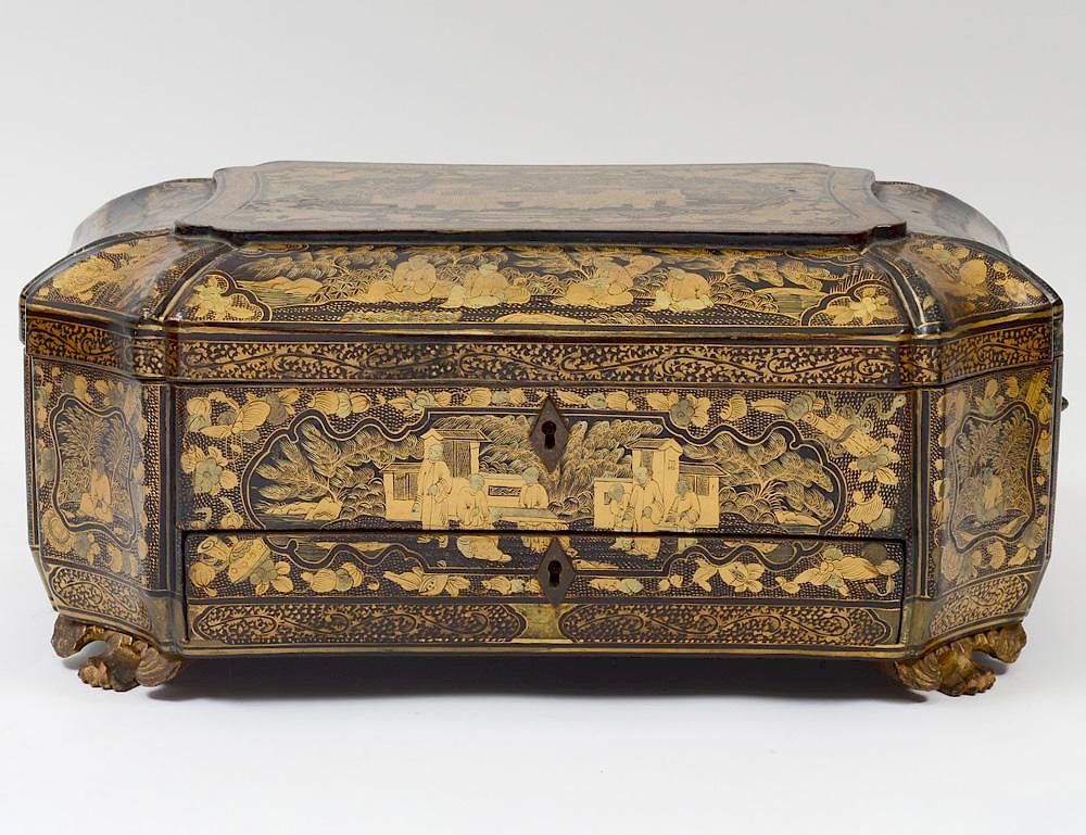 Appraisal: EXPORT GILT CHINOISERIE DECORATED BLACK LACQUERED SEWING BOX Chinese th