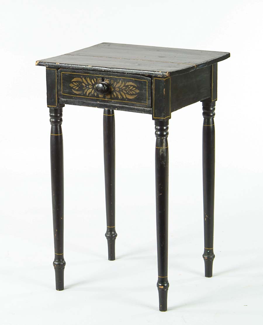 Appraisal: ONE DRAWER SHERATON STAND Black paint with gold stencil decoration