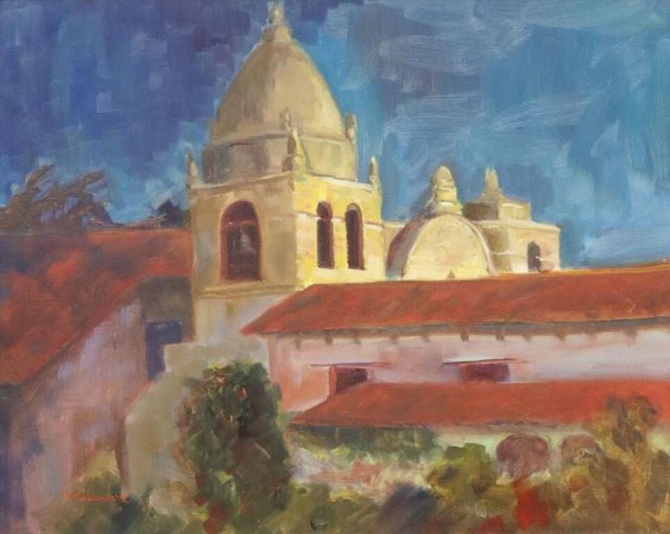 Appraisal: Framed oil on canvas painting Night Festival - Carmel Mission