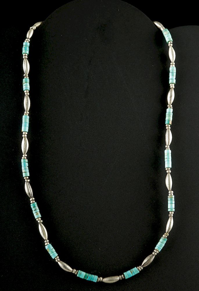 Appraisal: Mid th C Peruvian Turquoise Silver Bead Necklace South America