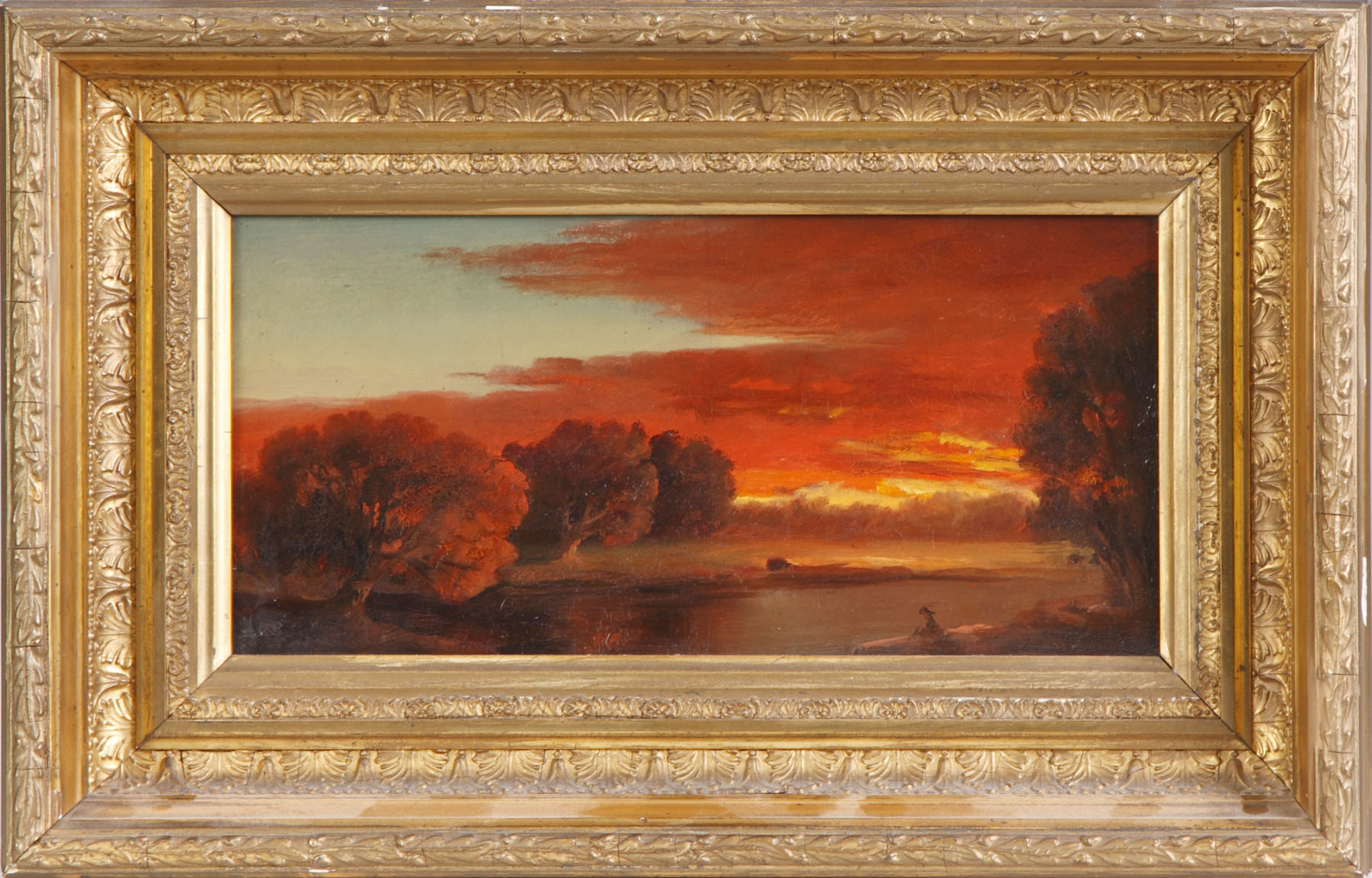 Appraisal: th Cent Hudson River School Sunset scene Oil panel Excellent