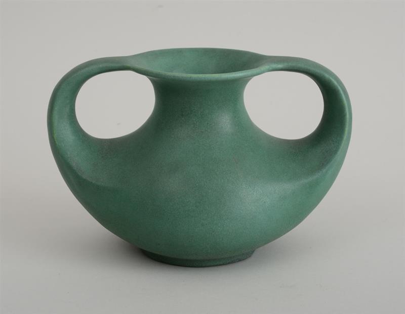 Appraisal: TECO GREEN-GLAZED POTTERY TWO-HANDLED VASE Impressed 'Teco' x in Estimate