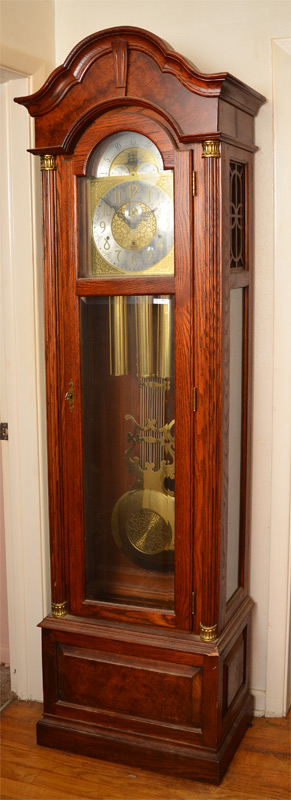 Appraisal: ETHAN ALLEN OAK GRANDFATHER CLOCK Oak case with burl veneer