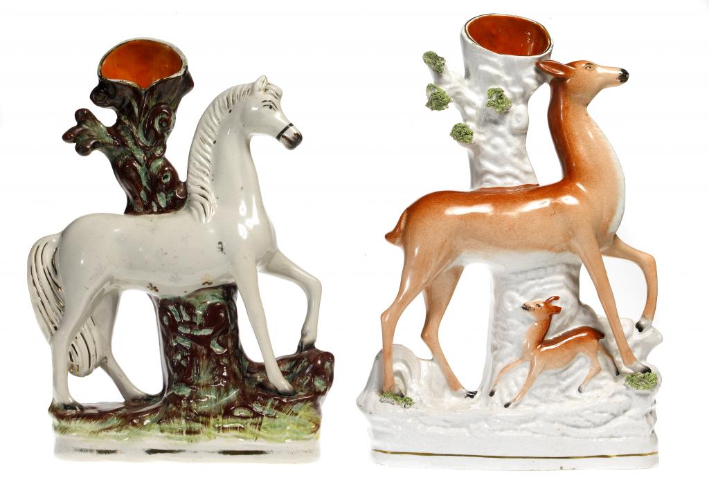 Appraisal: TWO STAFFORDSHIRE FLATBACK SPILL HOLDERS of a prancing horse and