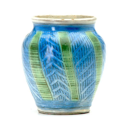 Appraisal: ARTHUR BAGGS Ovoid vase with stylized blue and green leaves