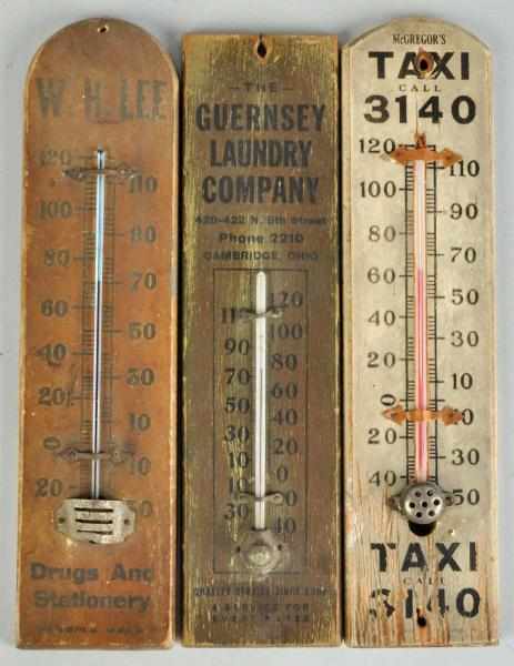 Appraisal: Lot of Wooden Advertising Thermometers Description Includes Guernsey Laundry W