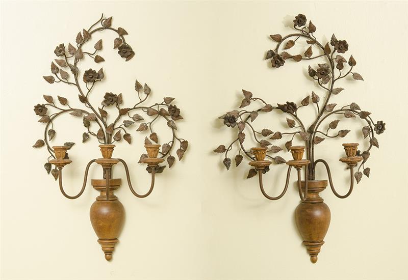 Appraisal: Pair of Rococo-Style Three-Light Foliate-Form Sconces x in Estimate -