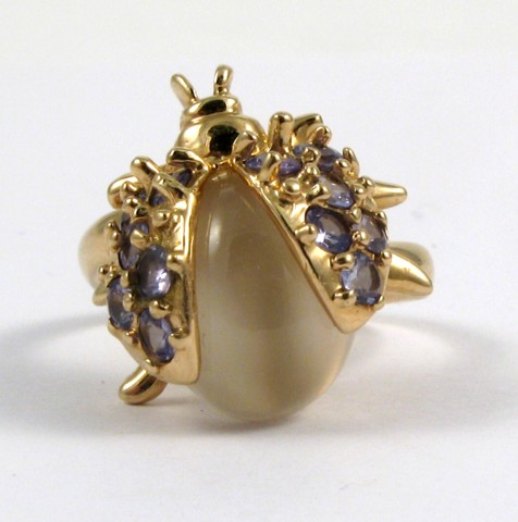 Appraisal: MOONSTONE TANZANITE AND FOURTEEN KARAT GOLD RING set with round-cut