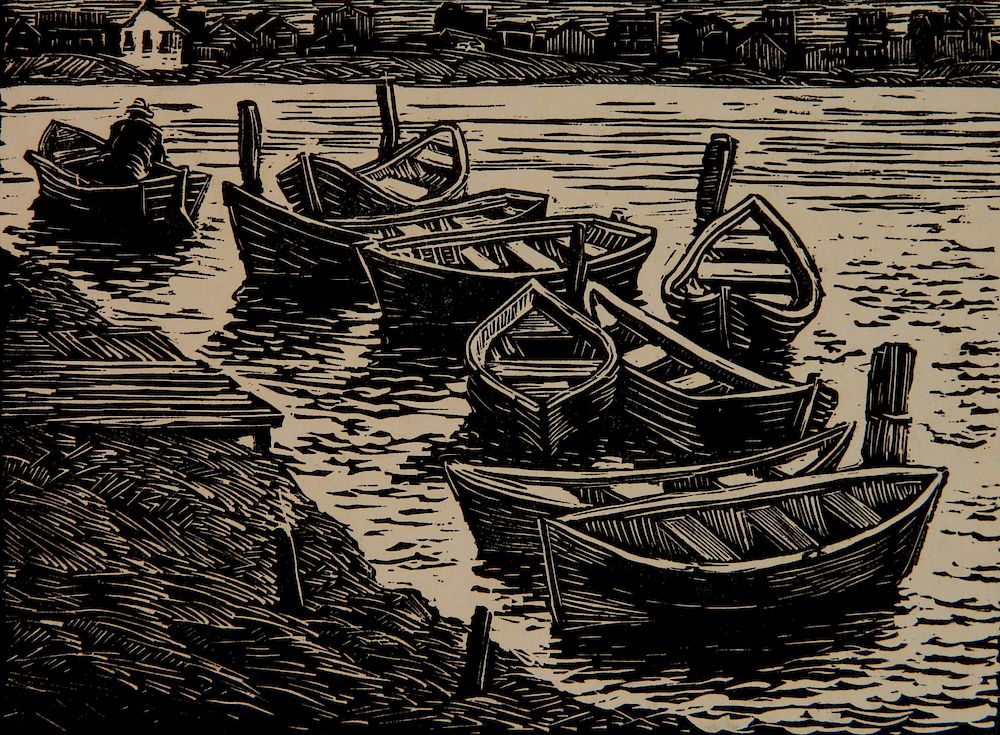 Appraisal: Albert Abramovitz woodcut Albert Abramovitz American - - ''Boats at