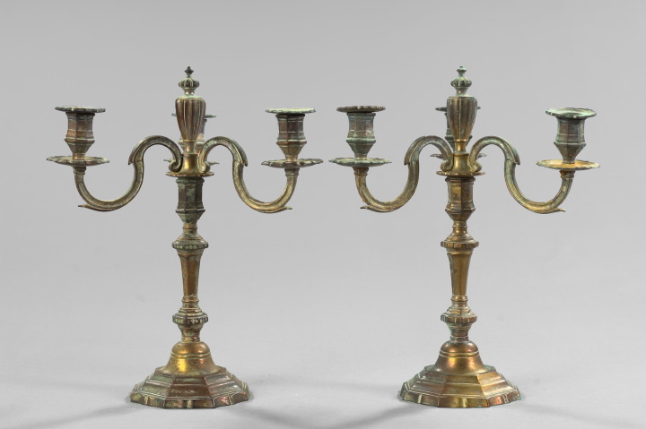 Appraisal: Pair of George VI Patinated Brass Three-Light Candelabra second quarter