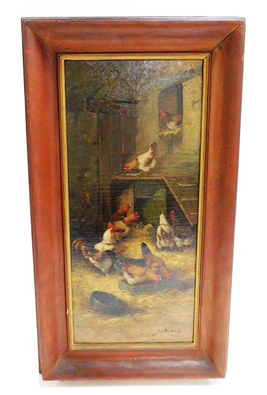 Appraisal: J Bertauld French th C oil on canvas depicting chickens