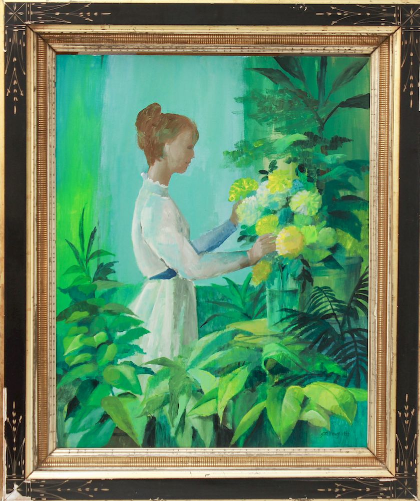 Appraisal: Illegibly Signed Woman with Flowers Oil on Board Illegibly signed