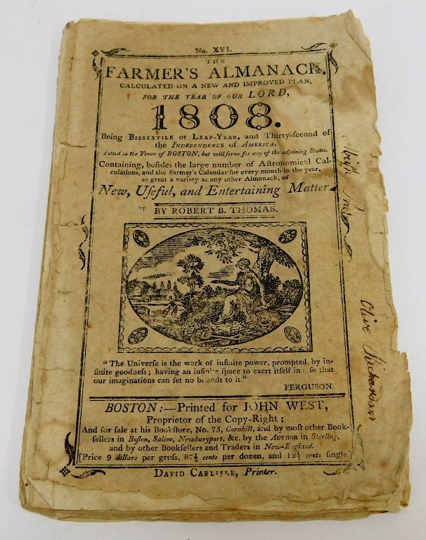 Appraisal: Massachusetts Farmer's Almanac Massachusetts Printed by David Carlisle for John