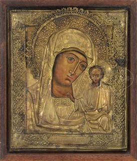 Appraisal: CASED RUSSIAN ICON WITH PAINTED FACES AND BRASS OVERLAY CASED