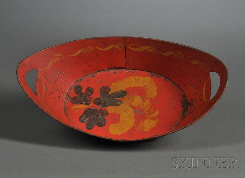 Appraisal: Red Paint-Decorated Tinware Bread Basket America early th century oval