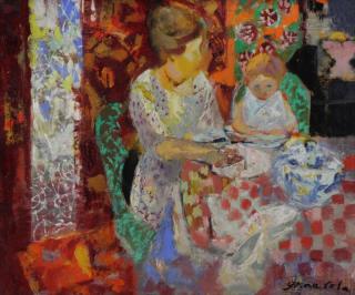 Appraisal: GRAU-SALA Emilio Oil on Canvas Mother and Child Table Signed