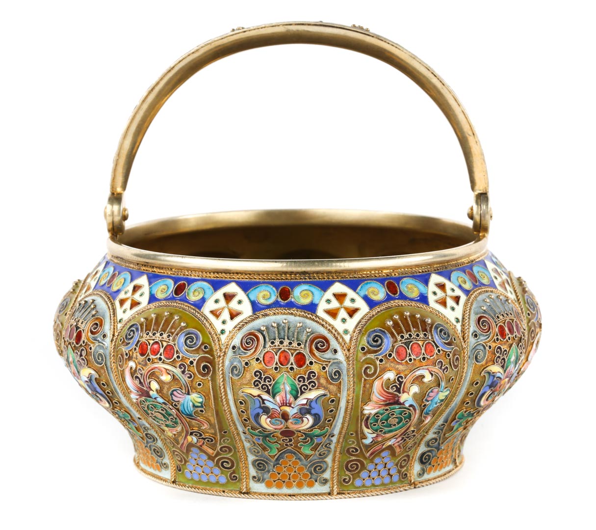 Appraisal: Russian cloisonne enamel silver-gilt sugar basket silver-gilt and shaded cloisonne