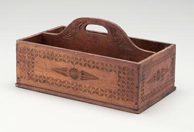 Appraisal: Arts and Crafts cutlery box chip-carved with sunbursts and rows