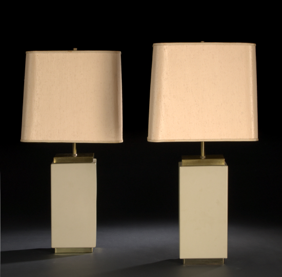 Appraisal: Pair of French Brass-Mounted Square Matte Ecru-Painted Table Lamps third