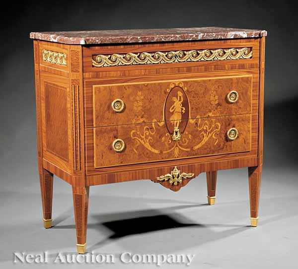 Appraisal: A Louis XVI-Style Bronze-Mounted Inlaid Kingwood and Thuyawood Commode marble