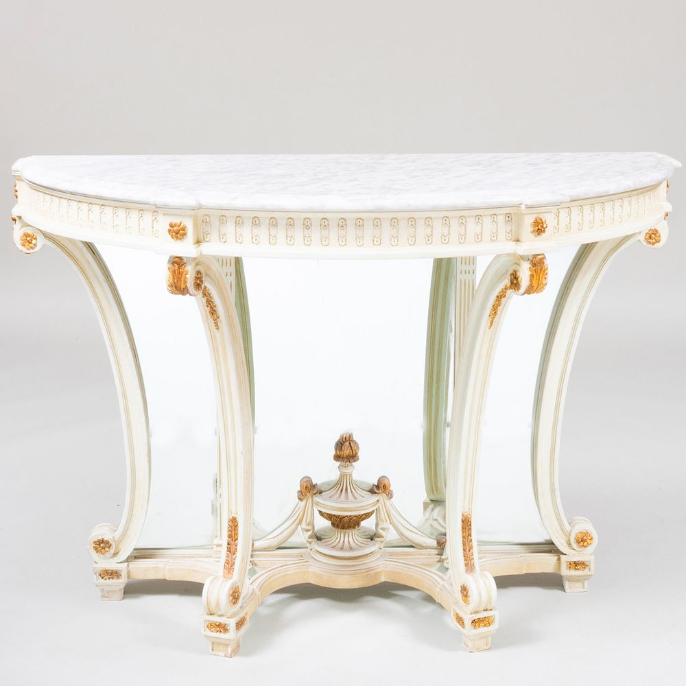 Appraisal: Pair of Louis XVI Style Painted and Parcel-Gilt Demilune Consoles