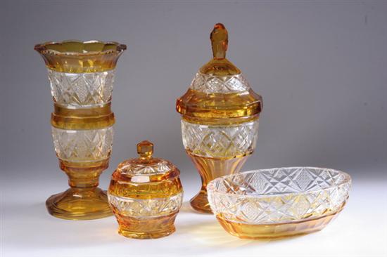 Appraisal: FOUR PIECES BOHEMIAN AMBER CUT-TO-CLEAR GLASS TABLE ITEMS Covered bon