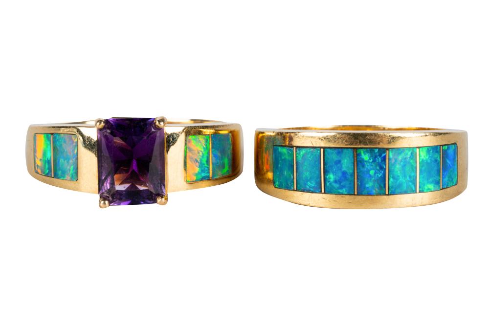 Appraisal: TWO KARAT YELLOW GOLD SEMI-BLACK OPAL AMETHYST RINGSone ring centering