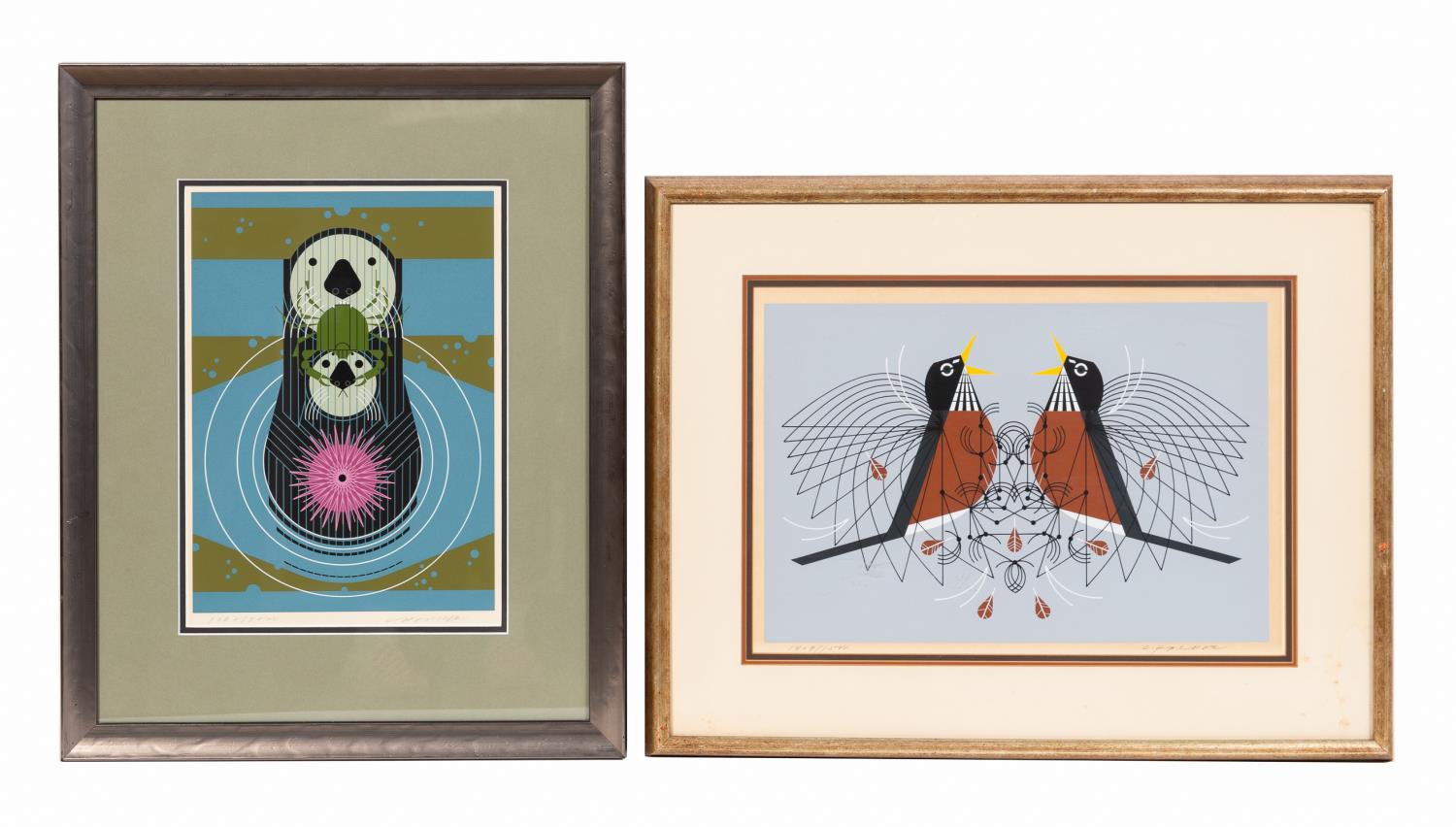 Appraisal: TWO CHARLEY HARPER ANIMAL PRINTS OTTERS ROBINS Charley Harper American