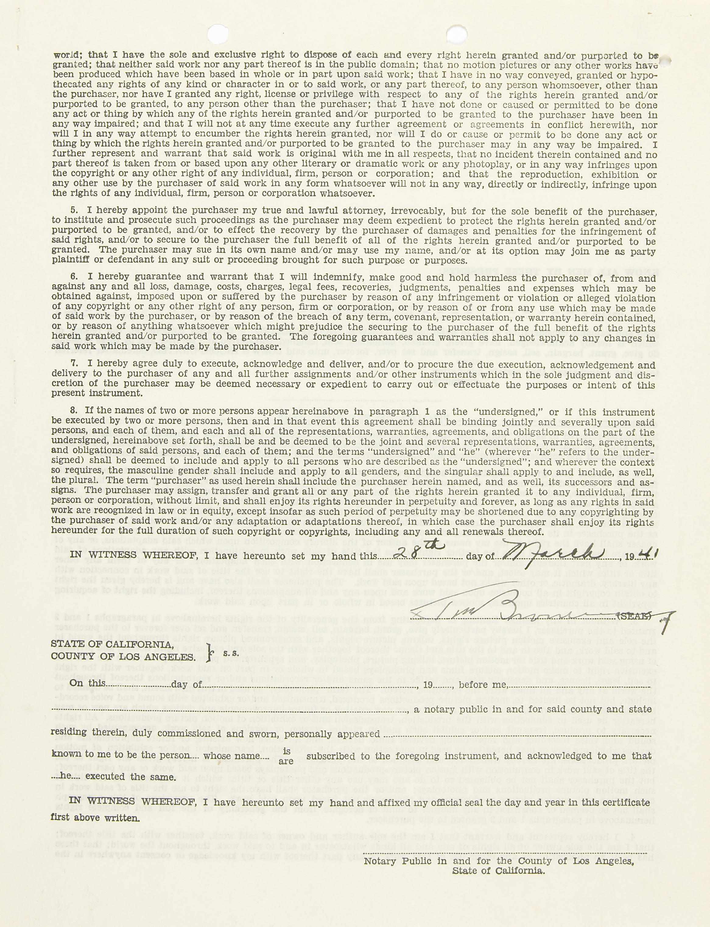 Appraisal: BROWNING TOD - Document Signed ''Tod Browning'' pp recto and