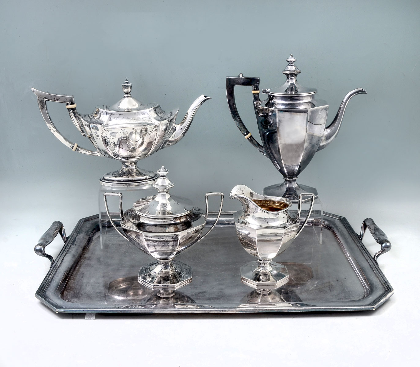 Appraisal: GORHAM STERLING TEA SET WITH SILVER PLATE TRAY Approx Ounces