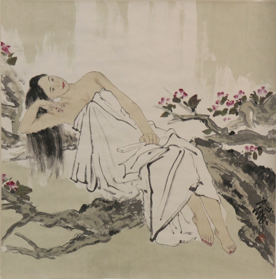 Appraisal: He Jiaying Chinese b Beauties in a Landscape Two Hanging