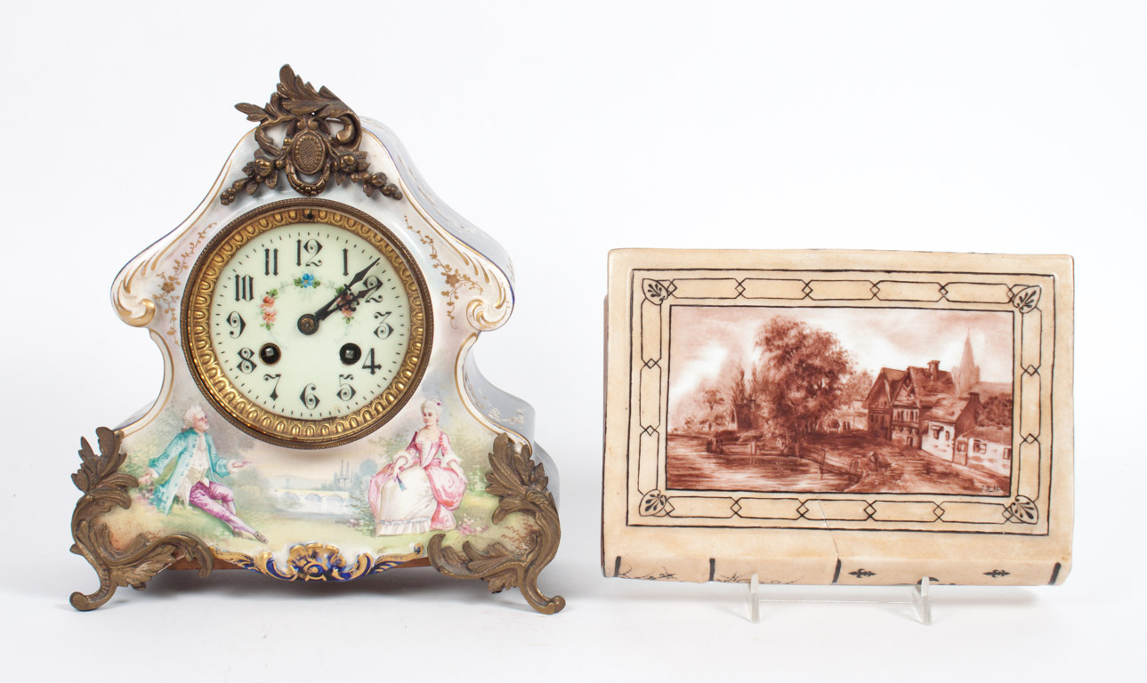 Appraisal: French ceramic mantel clock wall pocket gilt-metal-mounted bleu de roi