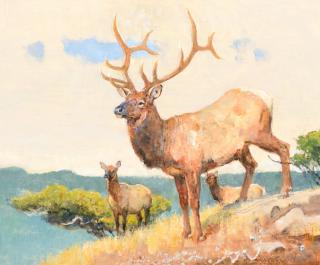 Appraisal: BOB KUHN - Elk Topping Outacrylic on board x inchessigned